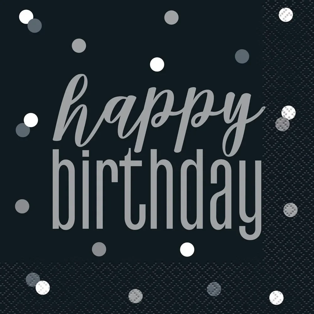 Black Glitz Happy Birthday Lunch Napkins - Pk 16