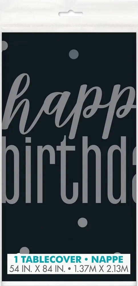 Black Glitz Happy Birthday Plastic Rectangular Table Cover (127x213cm)