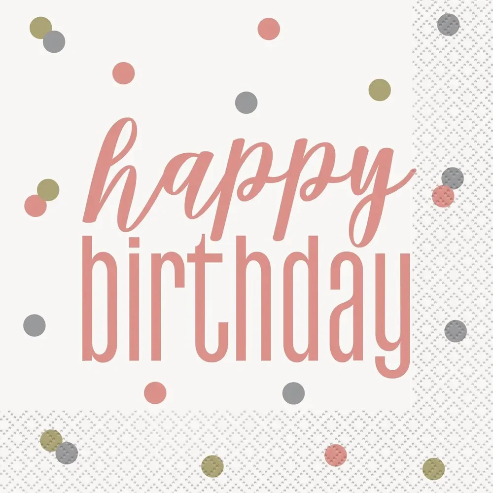Rose Gold Glitz Happy Birthday Lunch Napkins - Pk 16