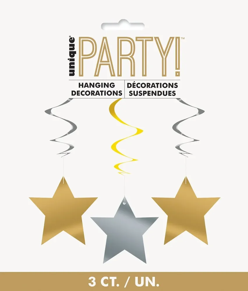 Gold & Silver Stars Hanging Swirls - Pk 3