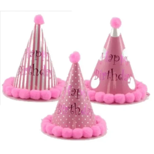 Pink Pompom Birthday Party Hat (20cm) - Asstd. Designs