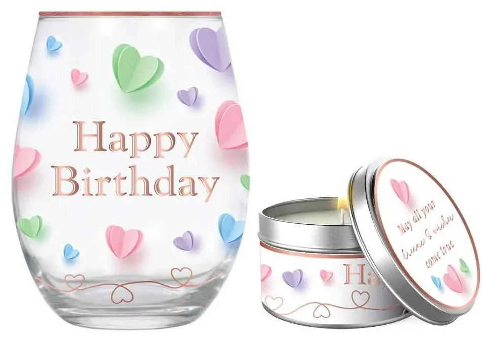 Happy Birthday Stemless Glass and Candle Gift Set