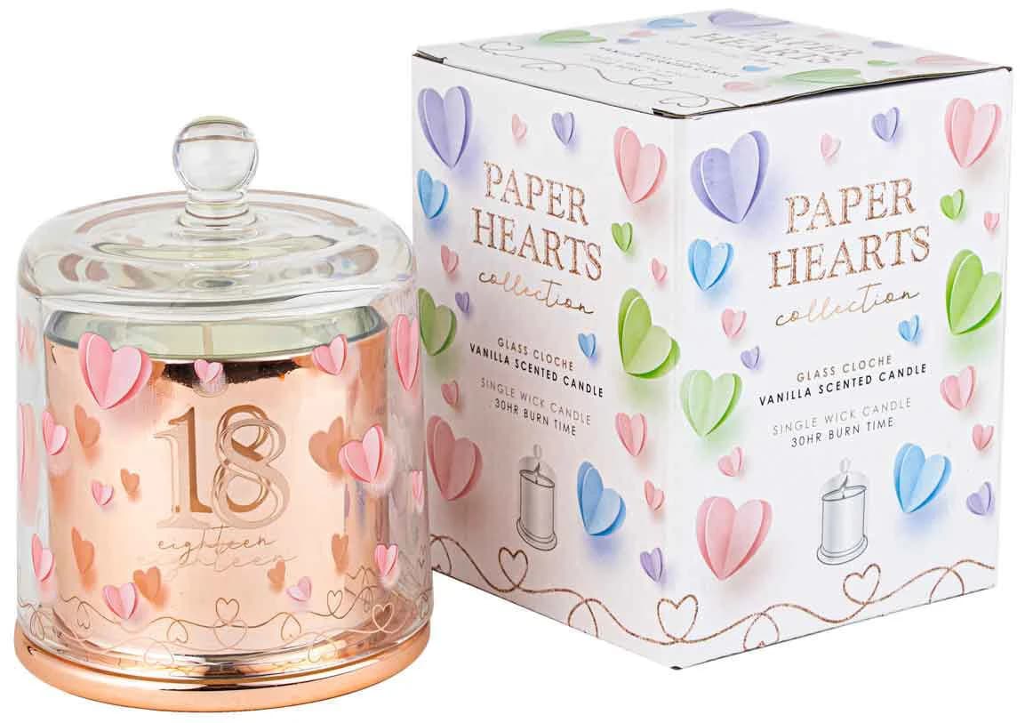 18th Birthday Paper Hearts Candle with Glass Cloche