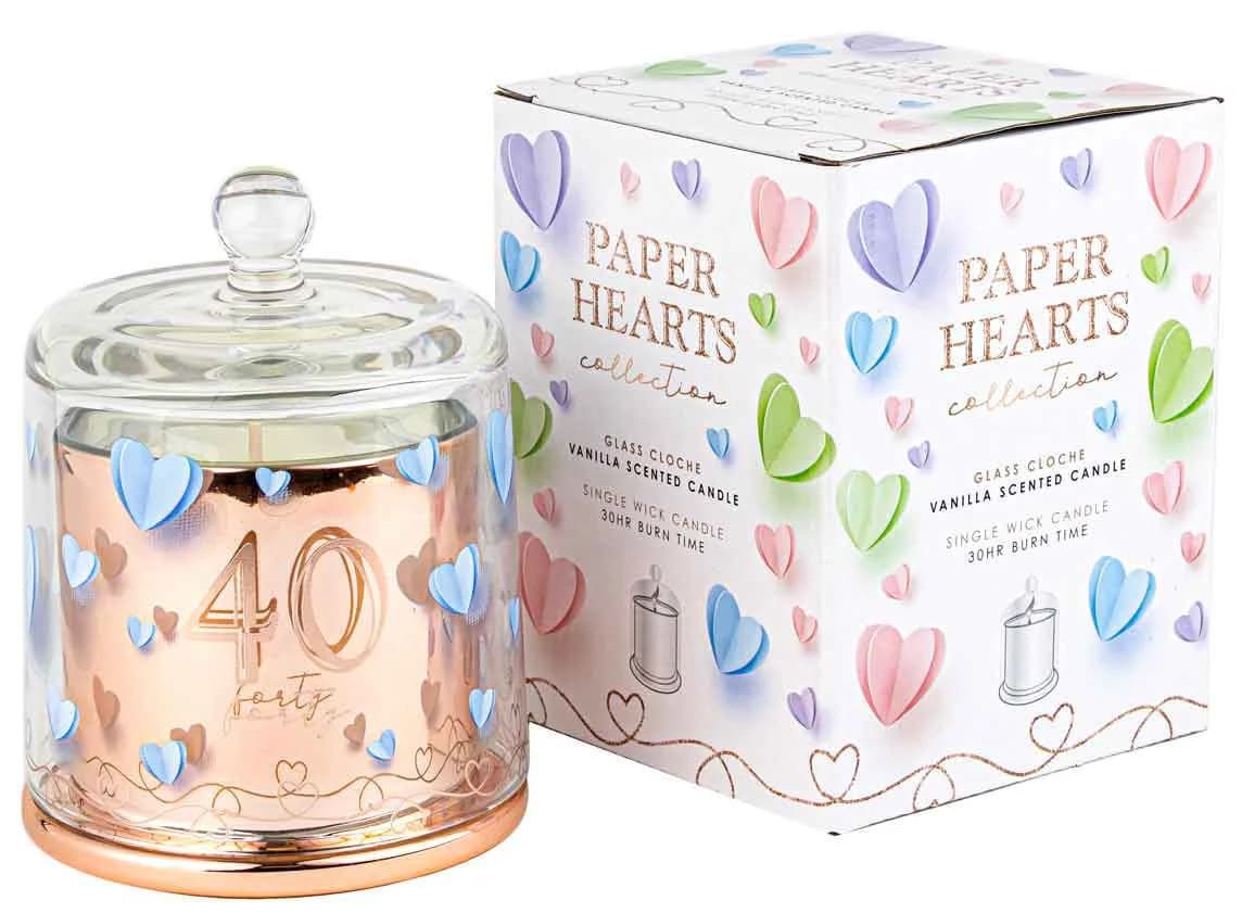 40th Birthday Paper Hearts Candle with Glass Cloche