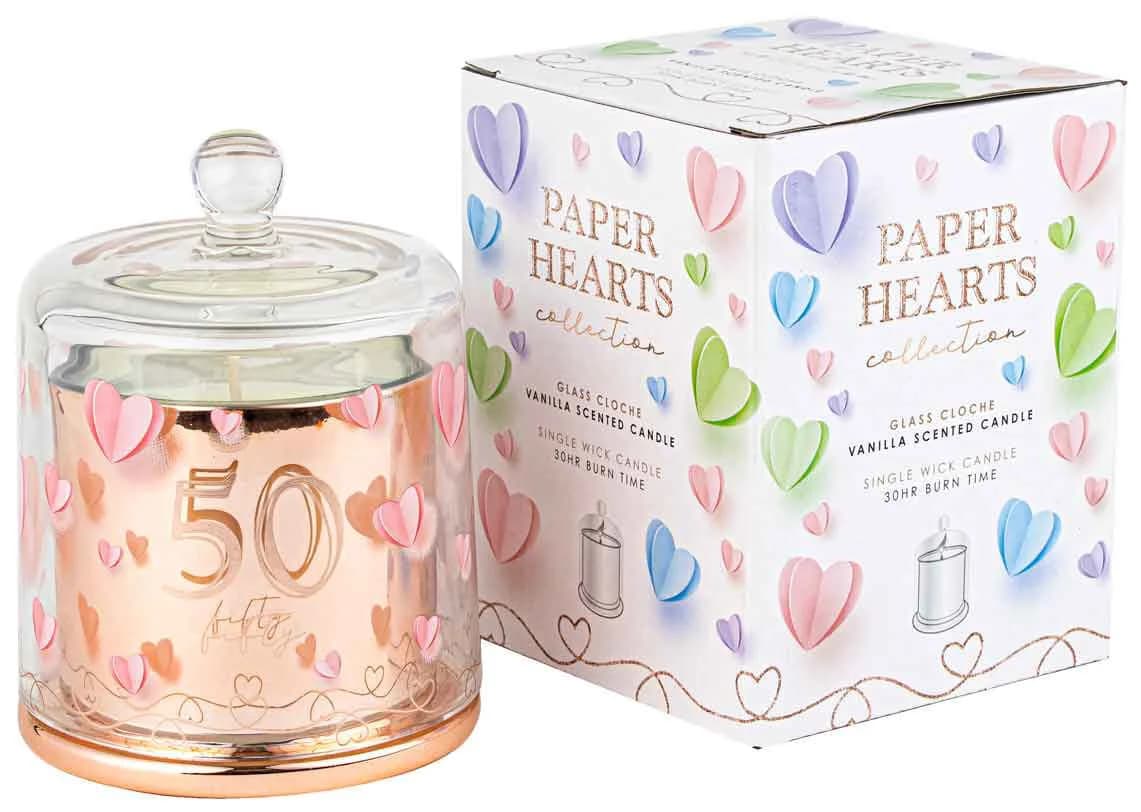 50th Birthday Paper Hearts Candle with Glass Cloche
