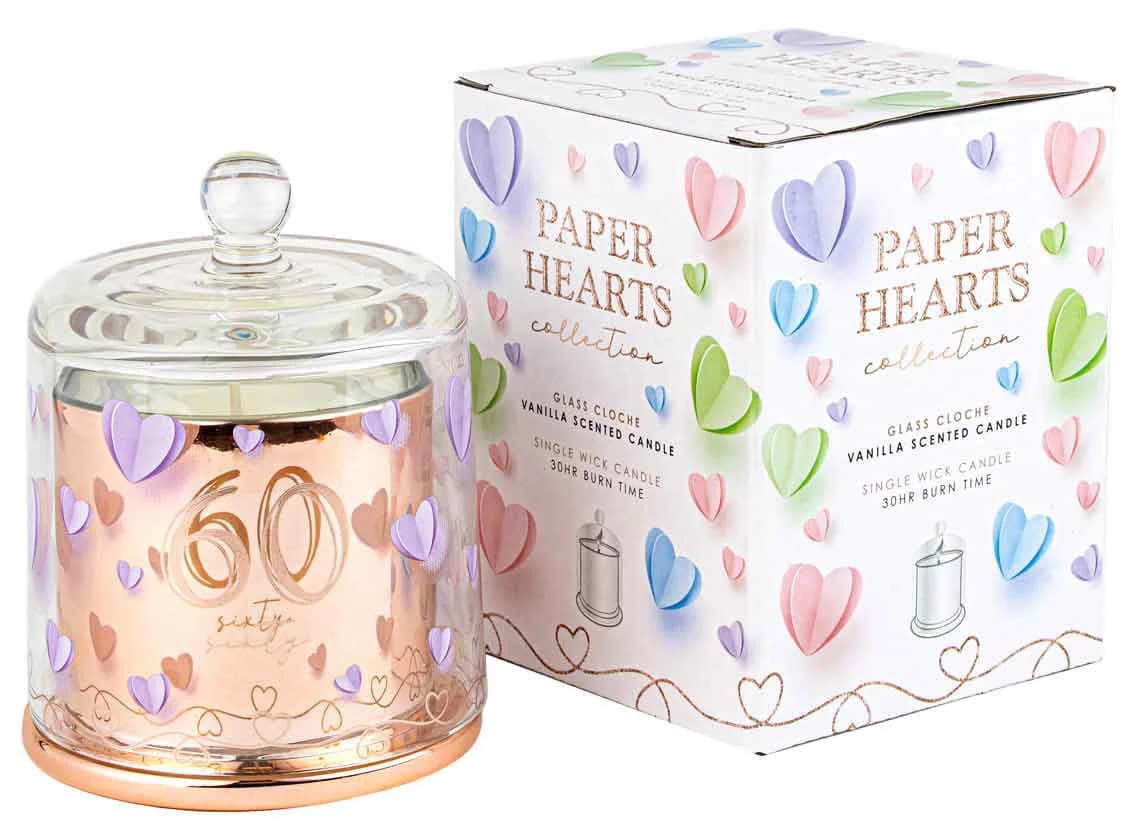 60th Birthday Paper Hearts Candle with Glass Cloche