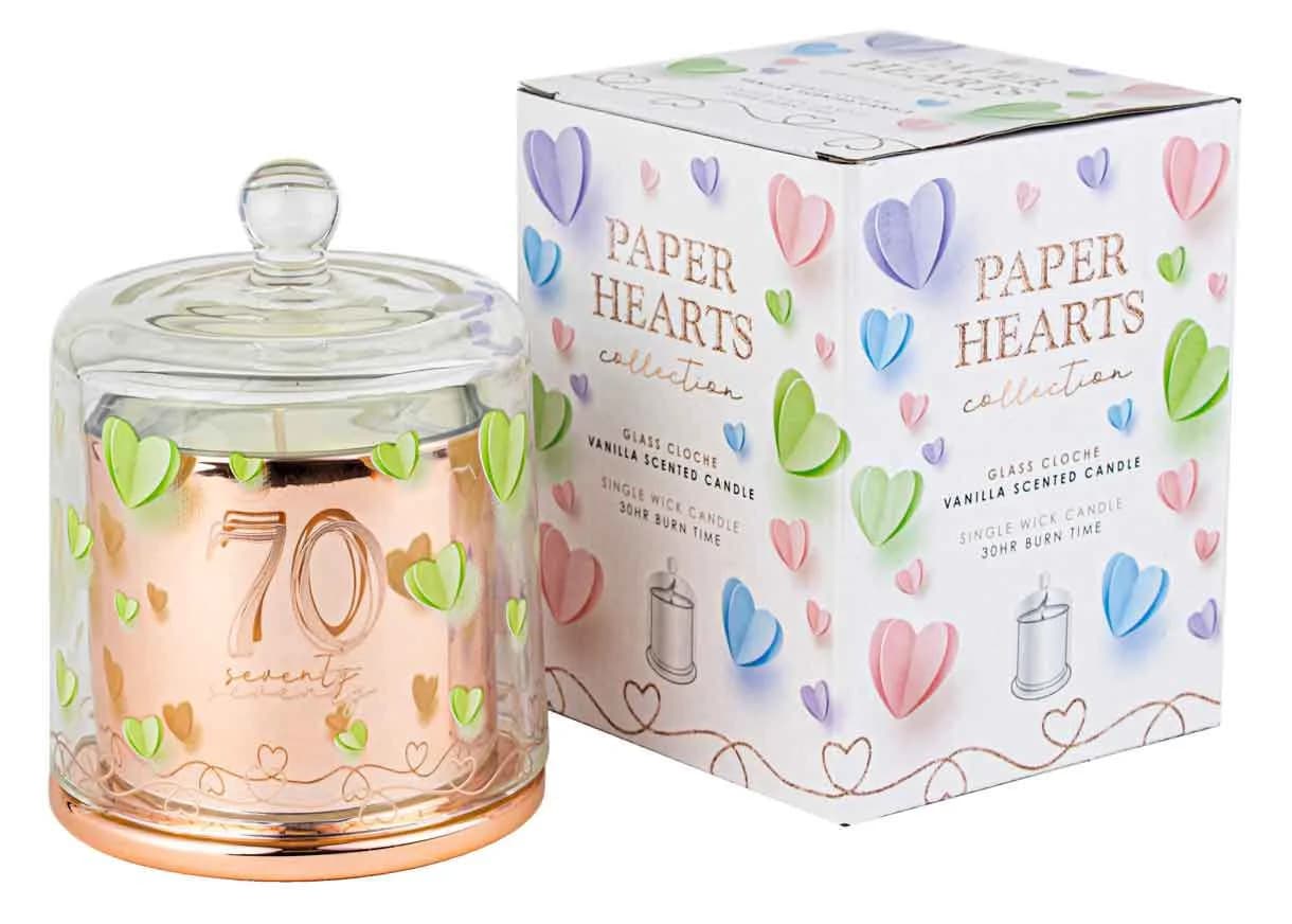 70th Birthday Paper Hearts Candle with Glass Cloche