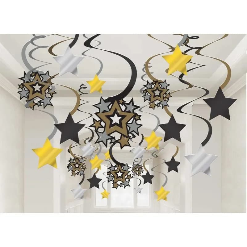 Black & Gold Stars Hanging Swirls - Pk 30