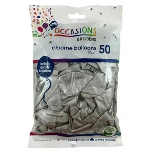 30cm Chrome Silver Latex Balloons - Pk 50