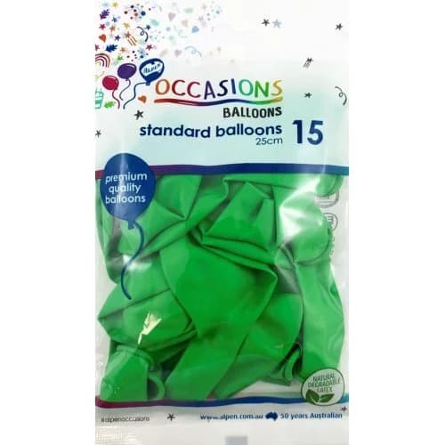25cm Green Latex Balloons (12") - Pk 15