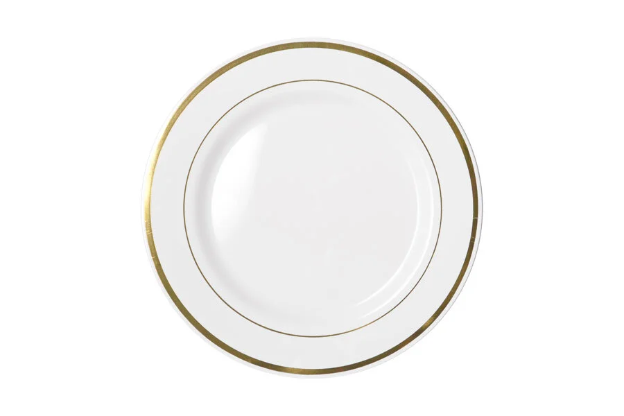 REUSABLE Heavy Duty Plastic Dinner Plate w/ Gold Lining (26cm) - Pk 6
