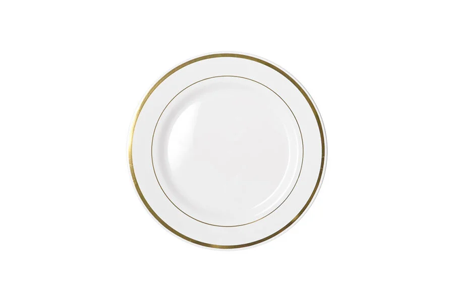 REUSABLE Heavy Duty Plastic Lunch Plate w/ Gold Lining (19cm) - Pk 6