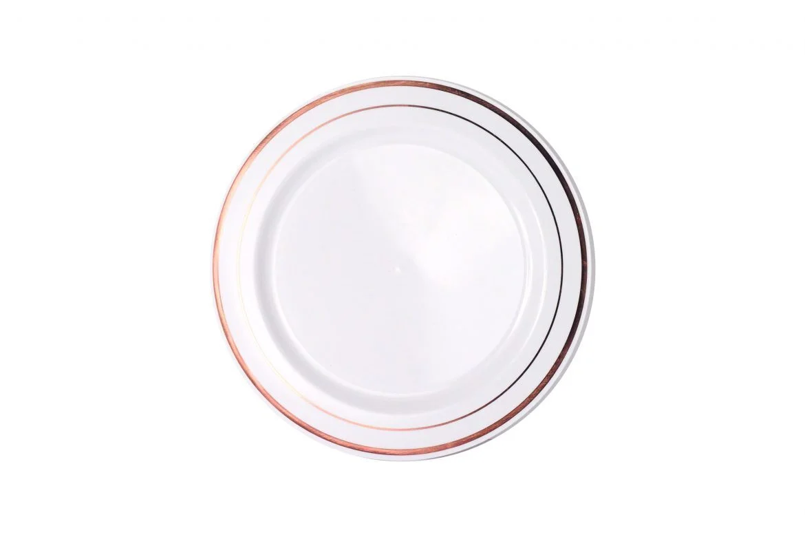 REUSABLE Heavy Duty Plastic Dinner Plate w/ Rose Gold Lining (26cm) - Pk 6