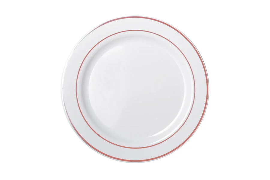 REUSABLE Heavy Duty Plastic Dinner Plate w/ Rose Gold Lining (26cm) - Pk 6