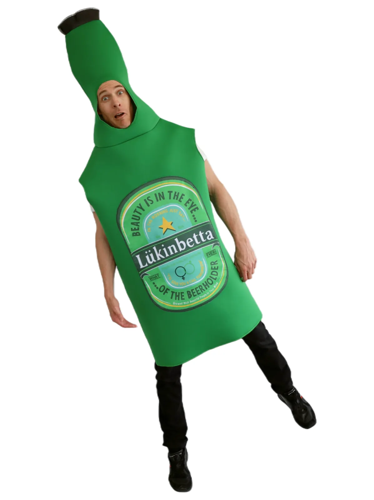 Lukinbetta Green Beer Bottle Costume Adult - angled front view, worn by model
