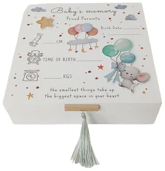 White wooden baby's memory box with birth details lid