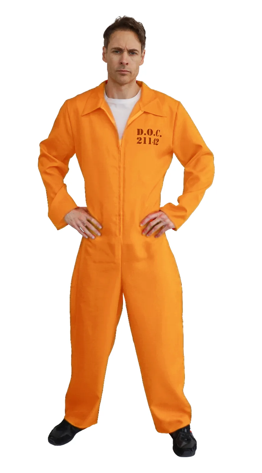 Adults Jailbird Prisoner Costume - front view, worn by model