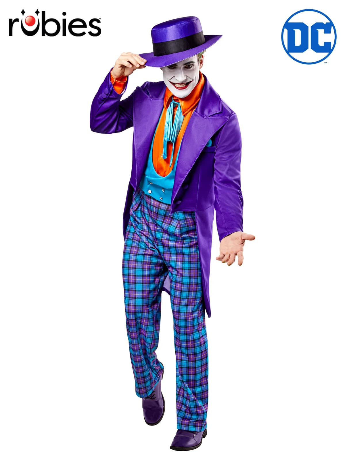 Man in a purple tailcoat, blue vest, orange shirt, check pants and purple hat, tipping the hat, front view