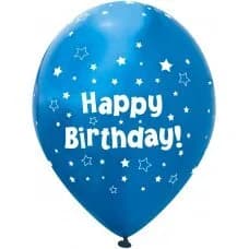 11in. Happy Birthday Blue Chrome Stars Latex Balloons - Pk 6