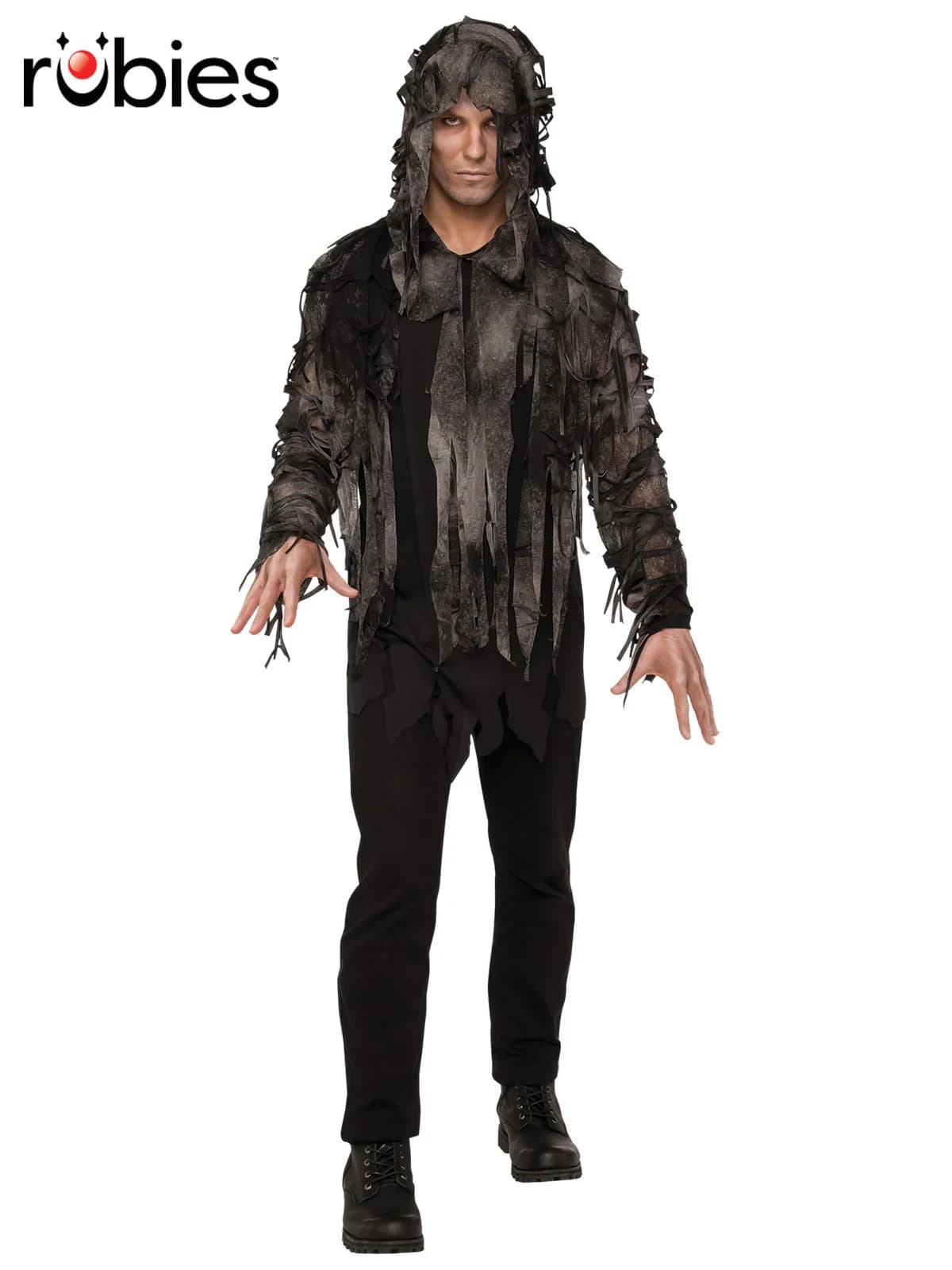 Man in a hooded grey and black shredded ghoul shirt with black pants, front view