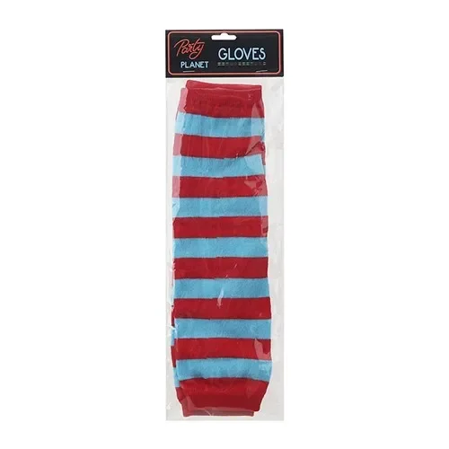 Red & Blue Striped Fingerless Long Gloves (Pair)