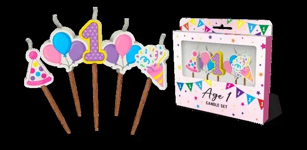1st Birthday Novelty Candle Pack - Pink - Pk 5