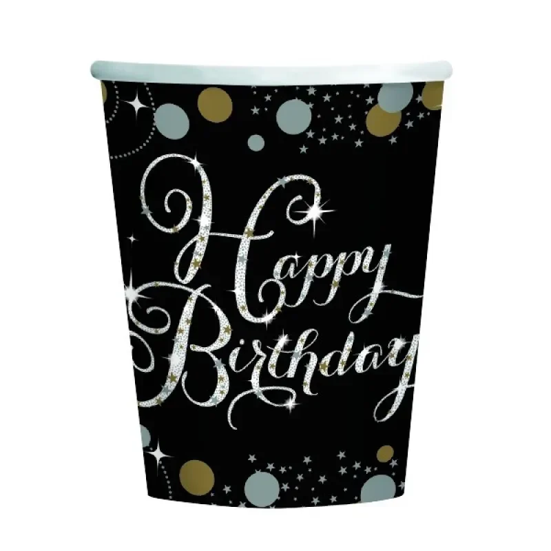Sparkling "Happy Birthday" Paper Cups (266 ml) - Pk 8