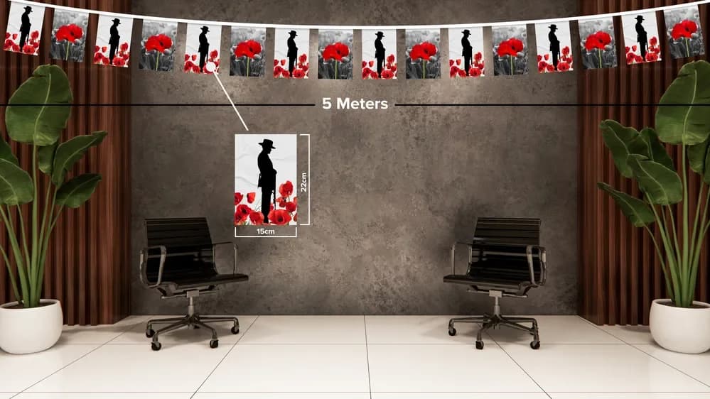 ANZAC Day Bunting - 5m long, 16 flags, 15x22cm flag
