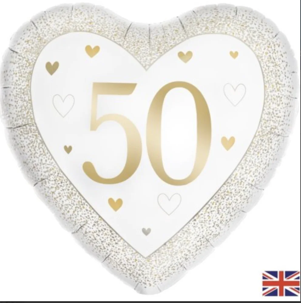 Gold & White 50 Heart Foil Balloon (46 cm)