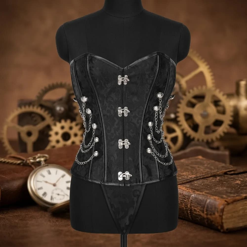 Steampunk overbust corset with silver swing clasps, chain swags and a pointed hem, styled on a dress form