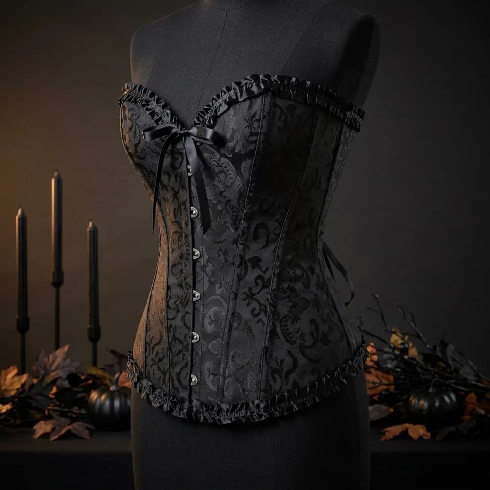 Black overbust corset with ruffled satin trim and front busk clasps, styled on a dress form
