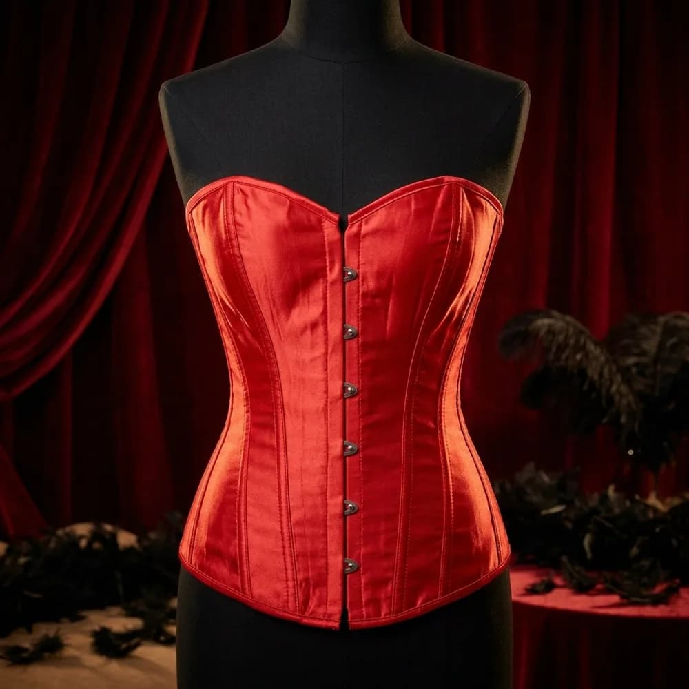 Red overbust corset with a sweetheart neckline, styled on a dress form
