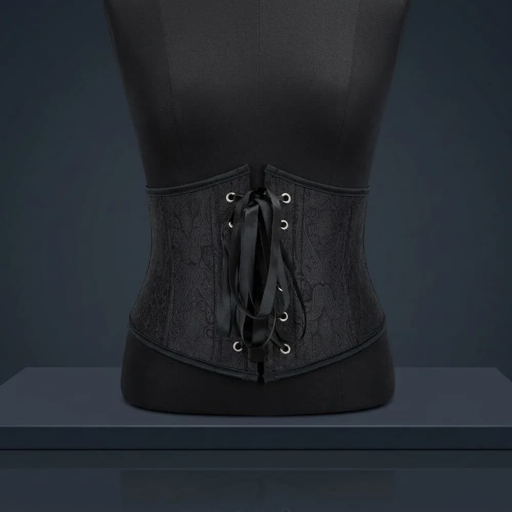 Black underbust waist cincher belt with paisley pattern and front ribbon lacing, styled on a dress form