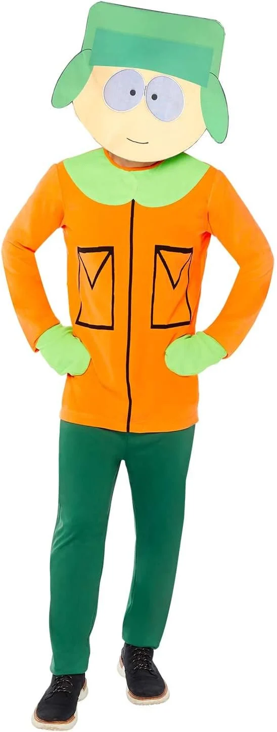 Man in a South Park Kyle costume with orange jacket top, green pants, green mittens and a Kyle mask with green hat, front view