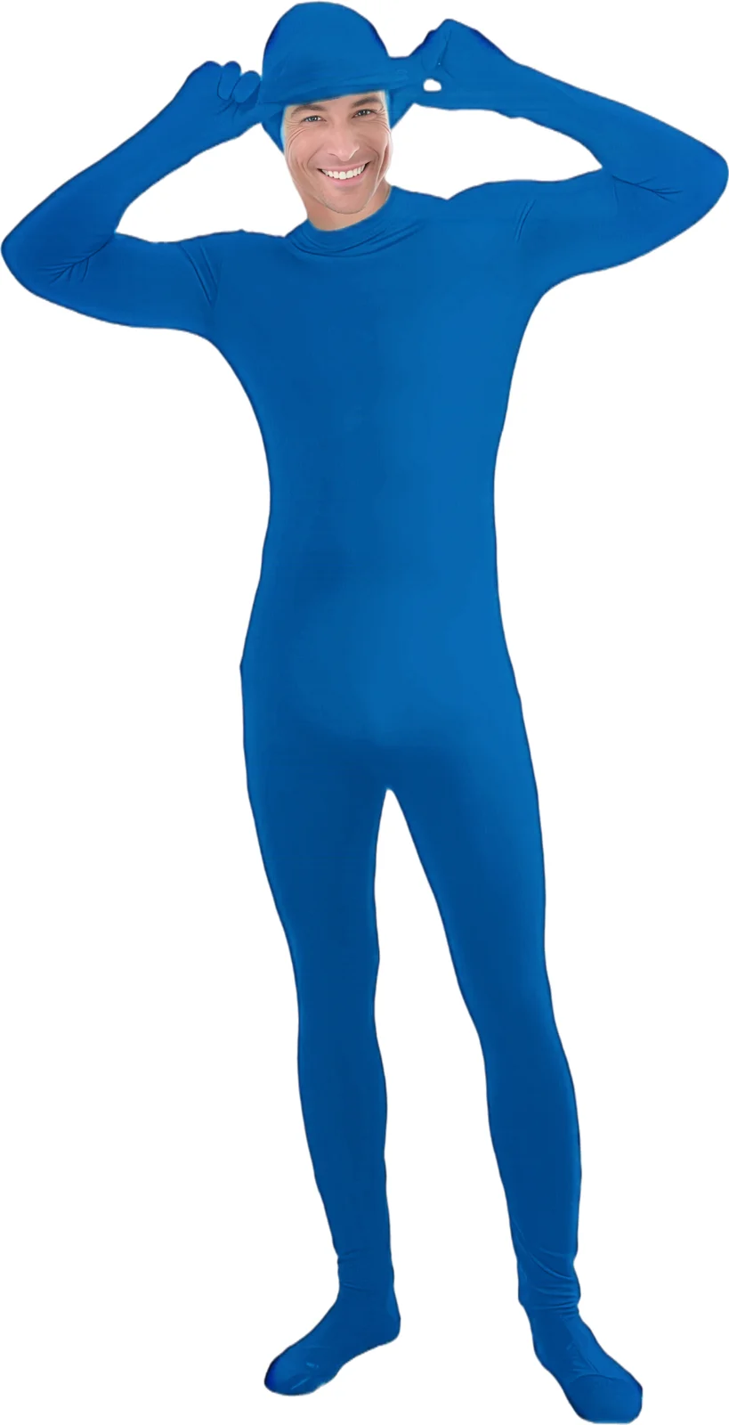 Blue invisible man skin suit with the hooded mask pulled back to show the face, front view