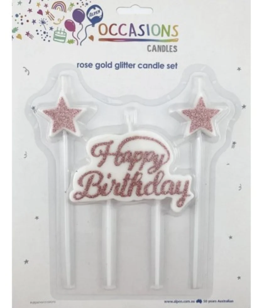 Rose Gold Glitter Candle Set – Happy Birthday