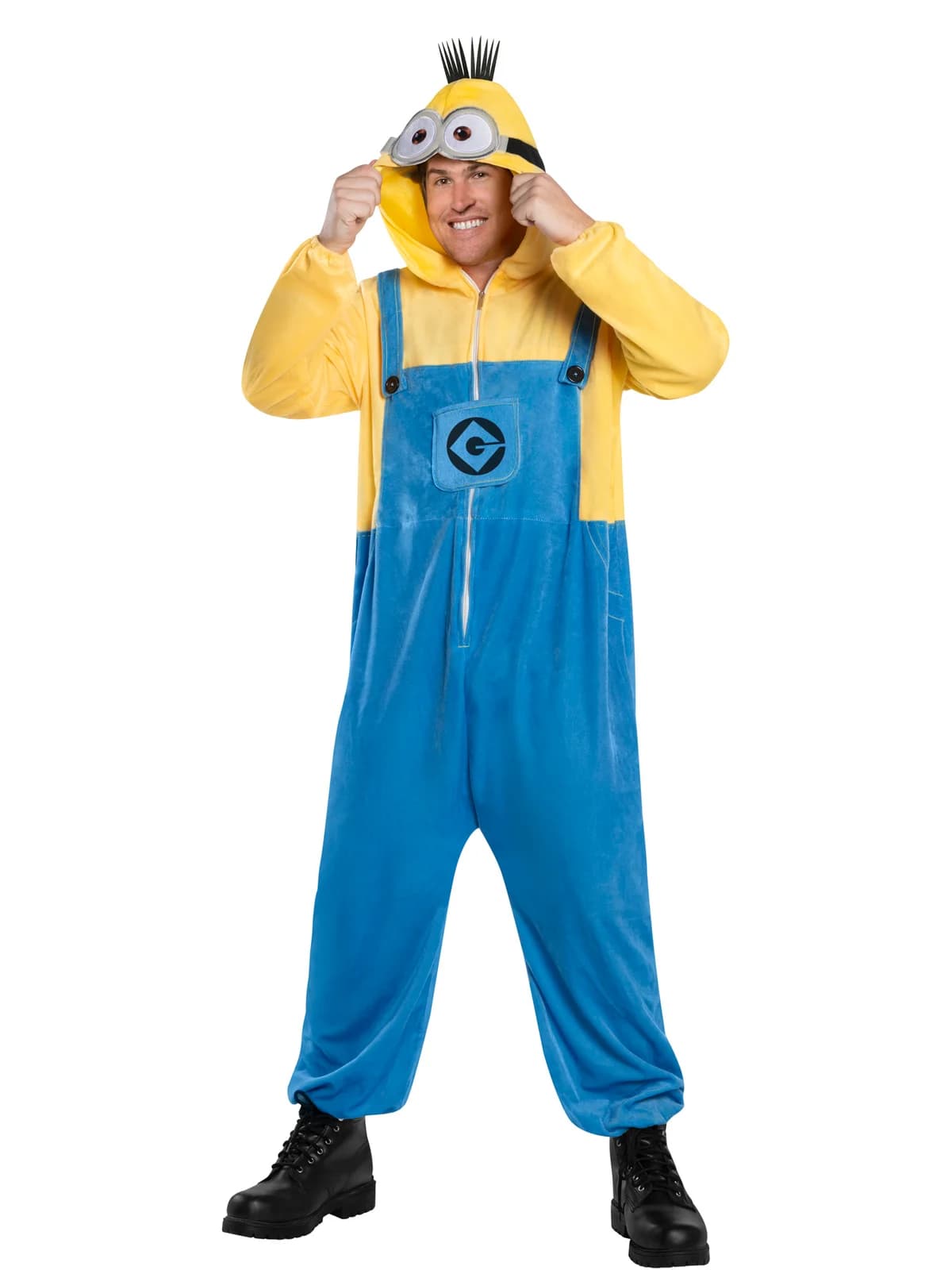 Man in a yellow and blue hooded Minion jumpsuit with goggle eyes and spiky hair, front view