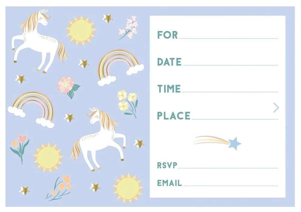 Pastel Unicorn Invitations (12.7x17.8cm) – Pk 8