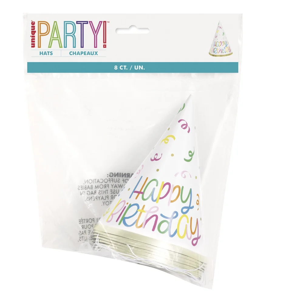 Classic Happy Birthday Party Hats – Pk 8