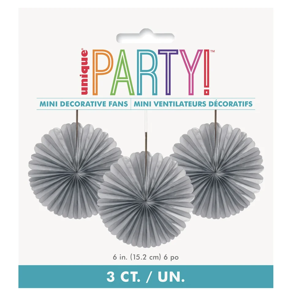 Decorative Silver Paper Fans – Pk 3