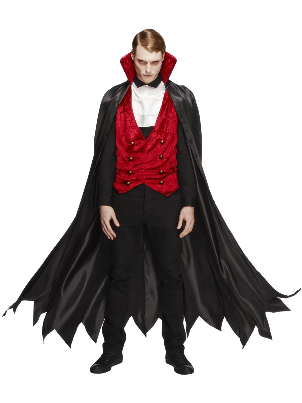 Man in a long black satin vampire cape with tall red-lined collar, red velour waistcoat and white cravat, front view