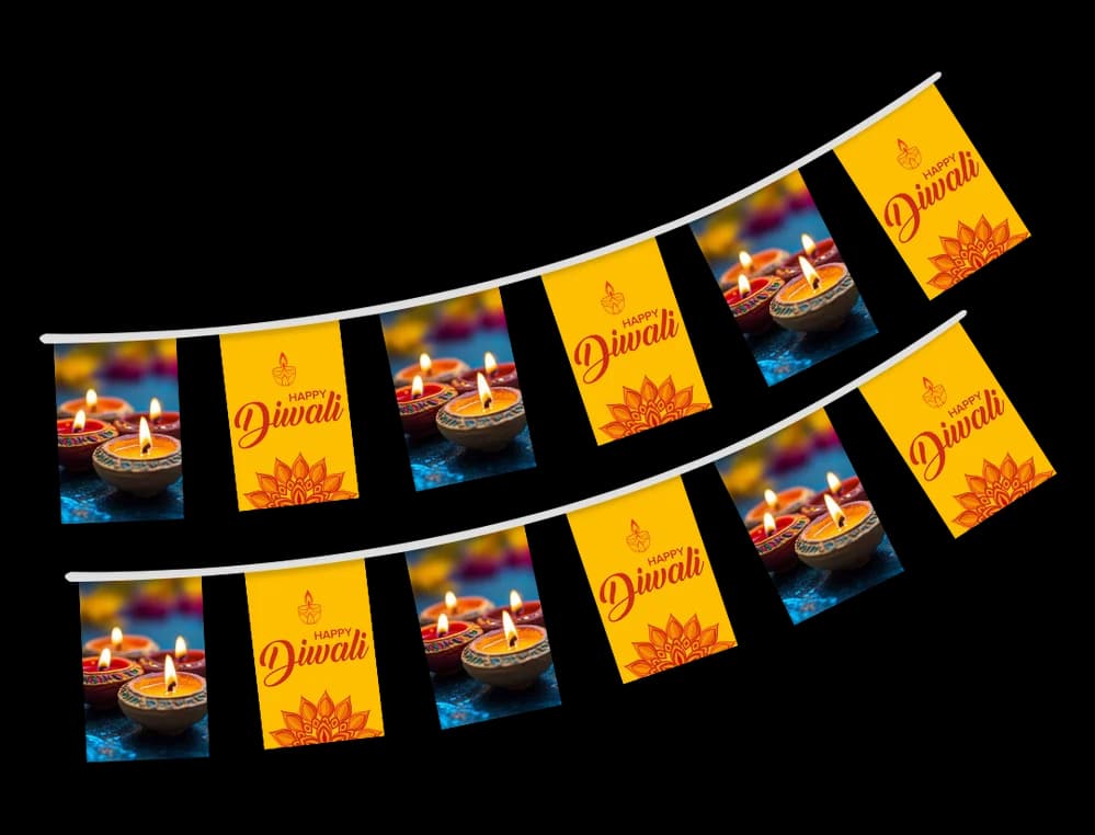 Happy Diwali Bunting - 5m long, 12 flags, 20cm x 30cm - Printed 2 sides