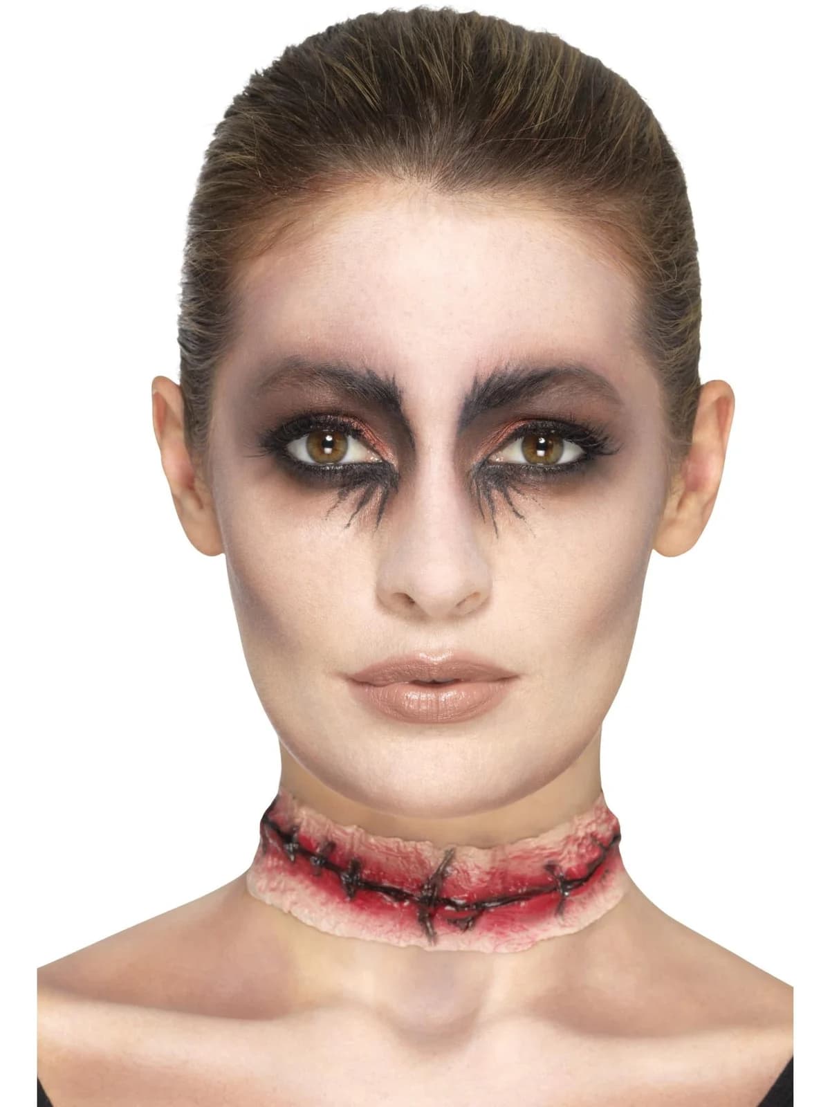 Latex stitched neck scar prosthetic worn across the front of a woman's neck, front view