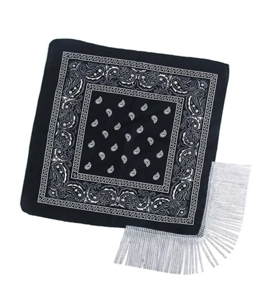 Black Bandana with Silver Rhinestone Fringe