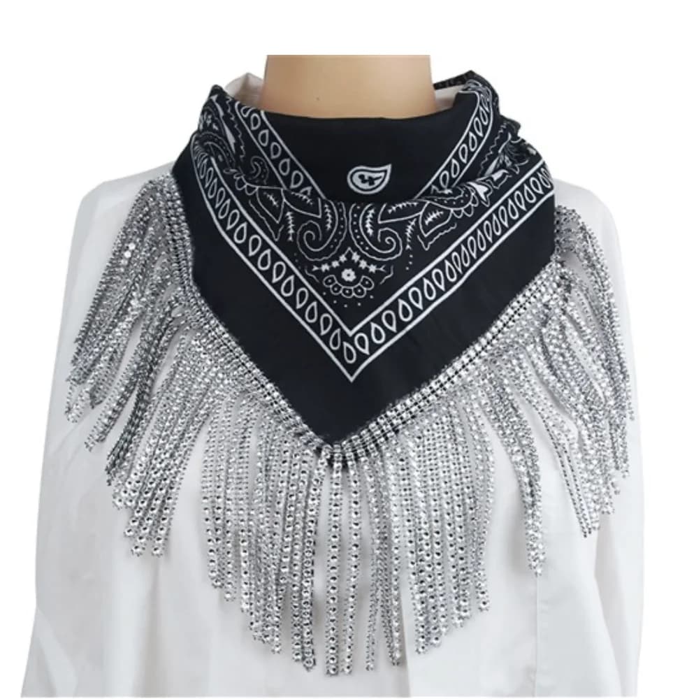 Black Bandana with Silver Rhinestone Fringe