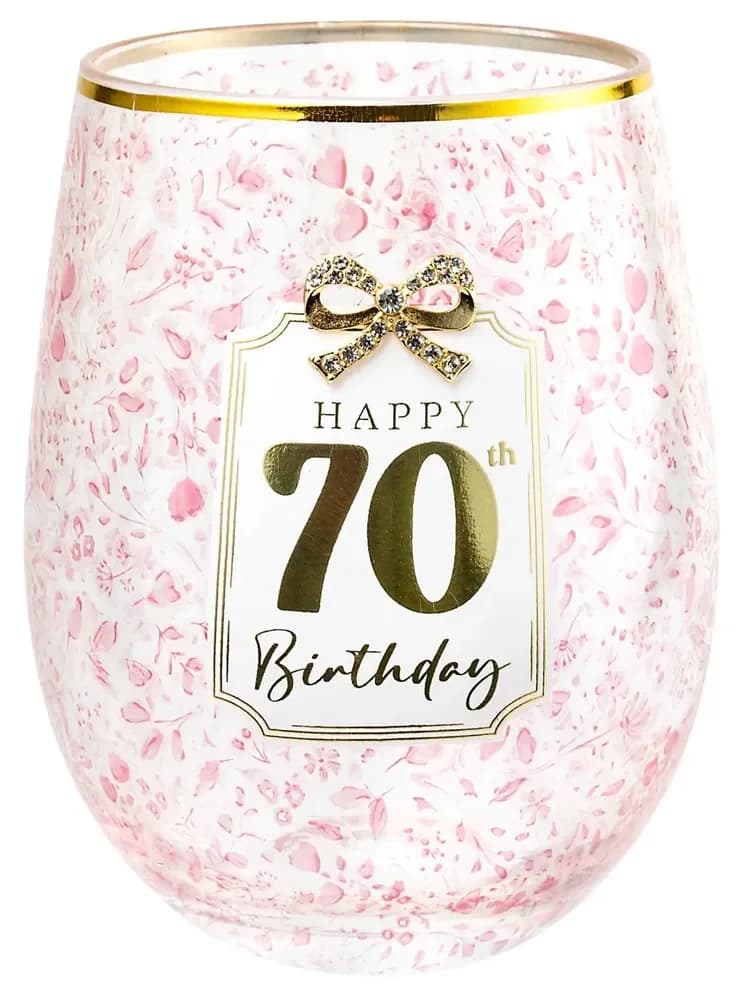 70th Birthday Stemless Pretty Bow Wine Glass - Gift Boxed
