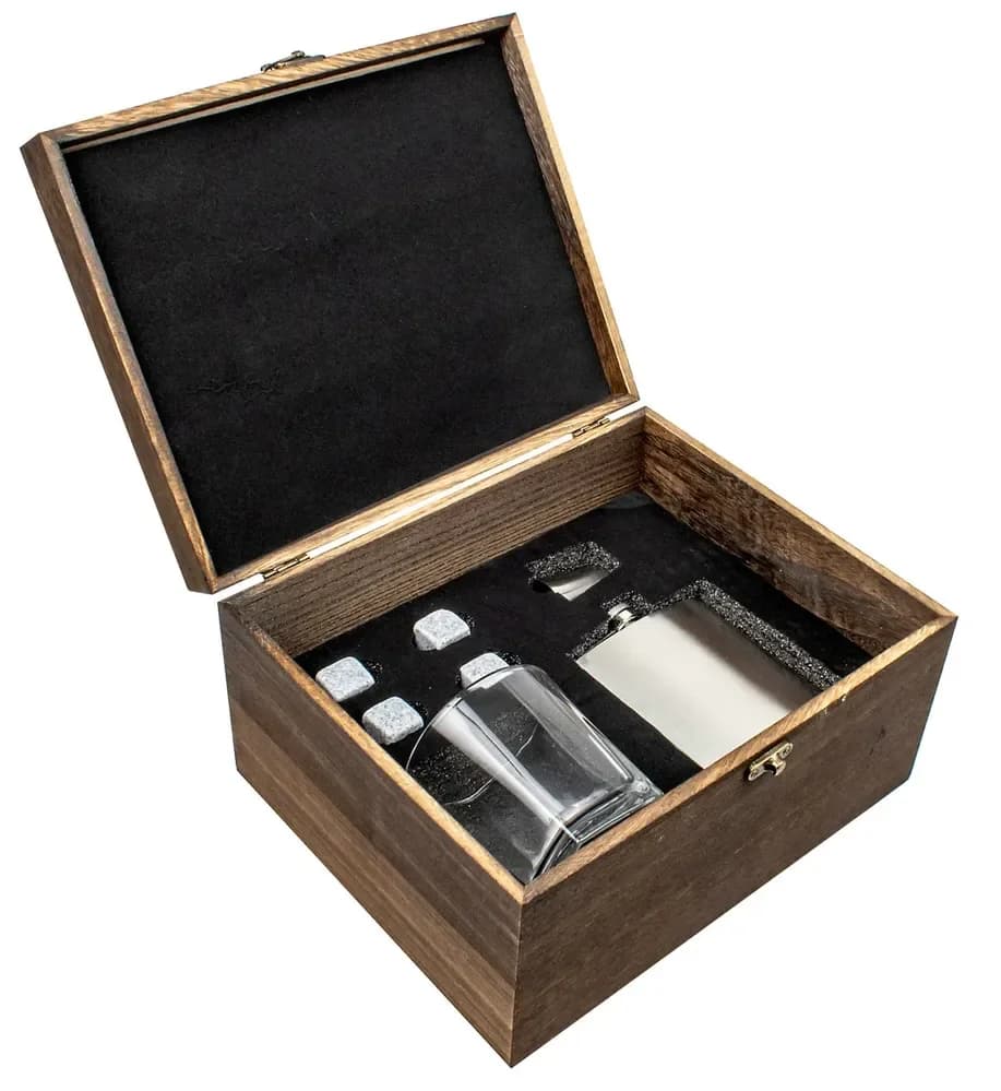 Premium Whisky Gift Set in Wooden Box (Glass, Coaster & Stones)
