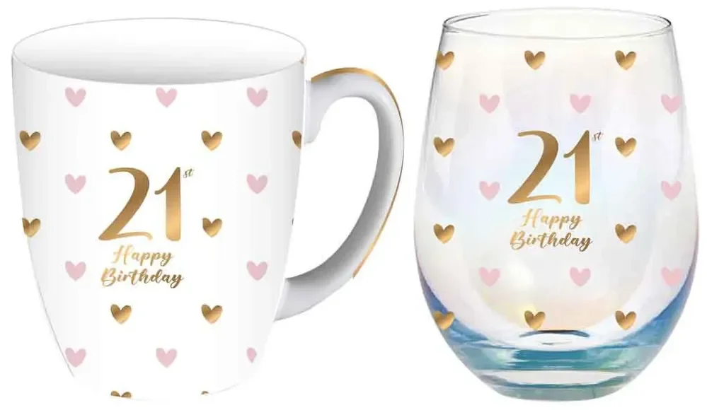 21st Birthday Sweet Heart Mug & Stemless Glass Gift Set