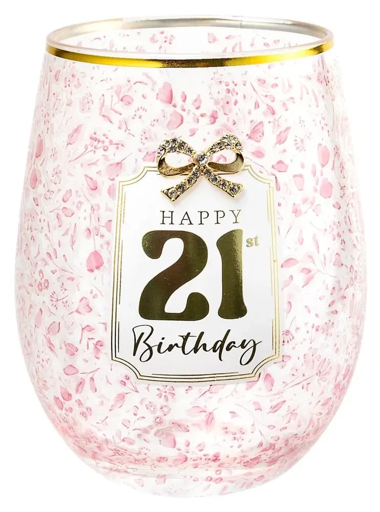 21st Birthday Stemless Pretty Bow Wine Glass - Gift Boxed