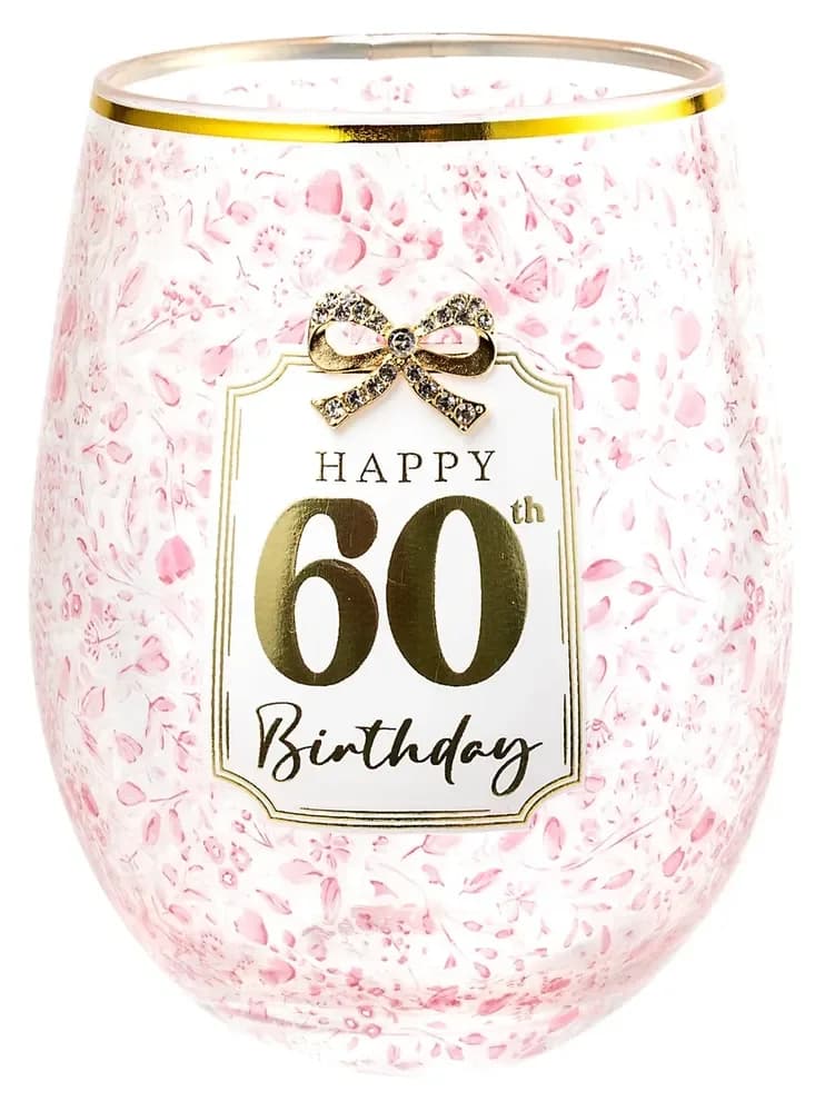 60th Birthday Stemless Pretty Bow Wine Glass - Gift Boxed